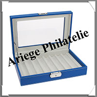 VITRINE en BOIS - Recouvert de SIMILI CUIR BLEU - Pour 8 STYLOS de Collection (73628)